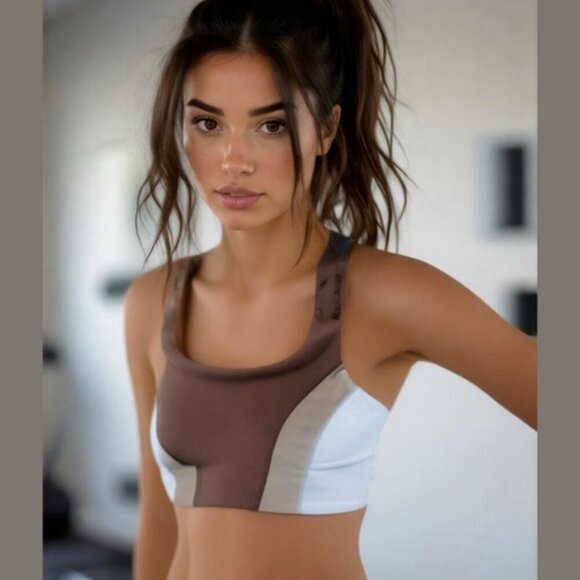 NWT Wilo the Label Ribbed Scoop Neck Tan Color Block Sports Bra - Picture 1 of 9